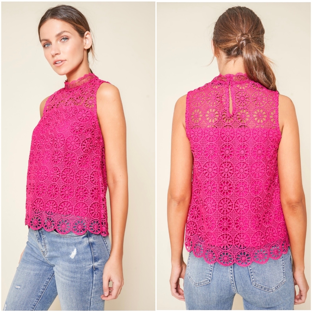 SUGAR + LIPS Boho Chic Hot Pink Crochet Sleeveless Top - Picture 5 of 7